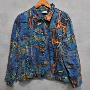 Chico's Blue Multi-Color Abstract Button-Up Jacket Size 2